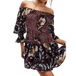 Free People Bali Aveline Velvet Mini Smoked Dress Size Small Purple Floral
